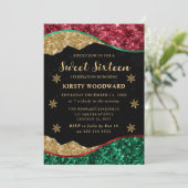 Elegant Green Red & Gold Snowflake Sweet 16 招待状 (スタンド正面)