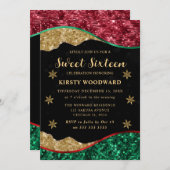 Elegant Green Red & Gold Snowflake Sweet 16 招待状 (正面/裏面)