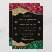 Elegant Green Red & Gold Snowflake Wedding 招待状 (正面/裏面)