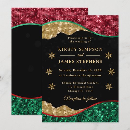 Elegant Green Red & Gold Snowflake Wedding 招待状 (正面/裏面)