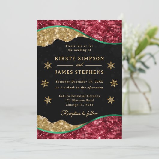 Elegant Green Red & Gold Snowflake Wedding 招待状 (スタンド正面)