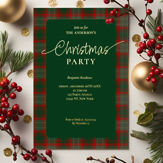 Elegant Green Red Plaid Christmas Party  箔招待状