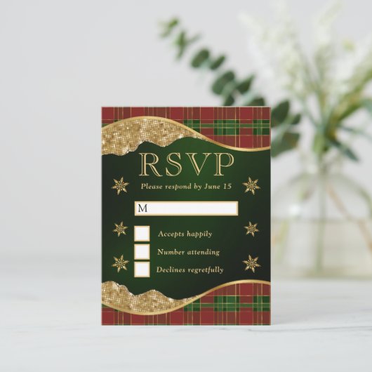 Elegant Green & Red Plaid Snowflake Wedding 出欠カード (スタンド正面)