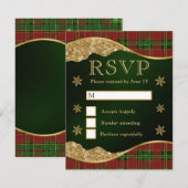 Elegant Green & Red Plaid Snowflake Wedding 出欠カード (正面/裏面)