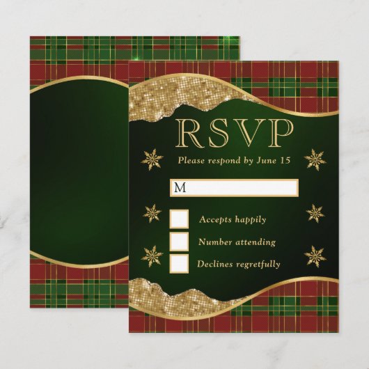 Elegant Green & Red Plaid Snowflake Wedding 出欠カード (正面/裏面)
