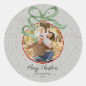 Elegant Green Ribbon Photo Christmas ラウンドシール (正面)
