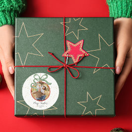 Elegant Green Ribbon Photo Christmas ラウンドシール