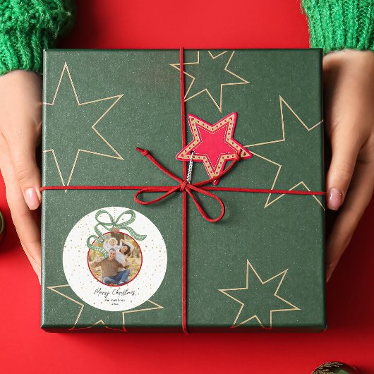 Elegant Green Ribbon Photo Christmas ラウンドシール