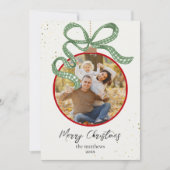 Elegant Green Ribbon Photo Christmas Card シーズンカード (正面)