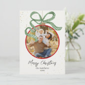 Elegant Green Ribbon Photo Christmas Card シーズンカード (スタンド正面)