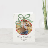 Elegant Green Ribbon Photo Christmas Card シーズンカード (正面)