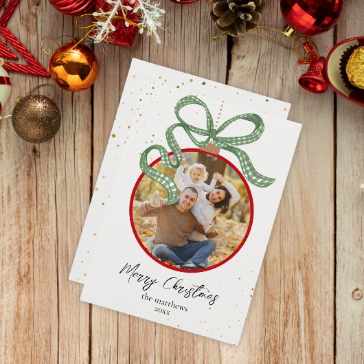 Elegant Green Ribbon Photo Christmas Card シーズンカード