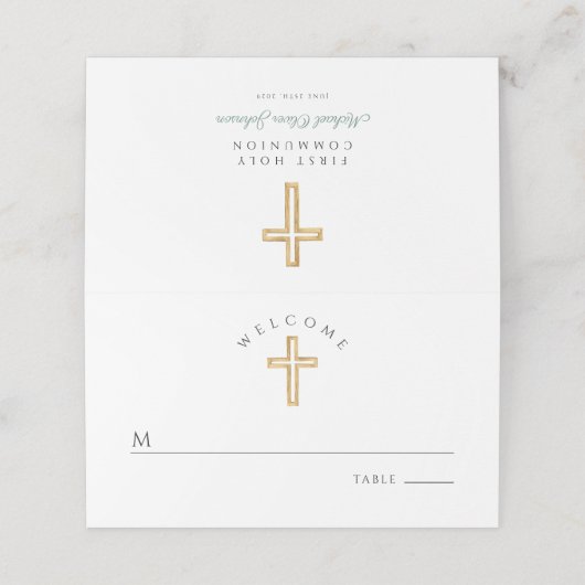 Elegant Green Script Cross First Holy Communion プレイスカード (外部開封)