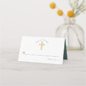 Elegant Green Script Cross First Holy Communion プレイスカード (正面)