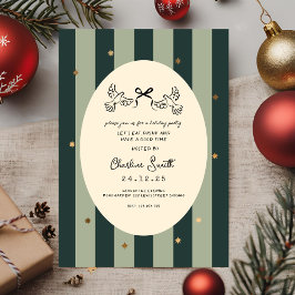 Elegant Green Striped Holiday Party Invitation 箔招待状