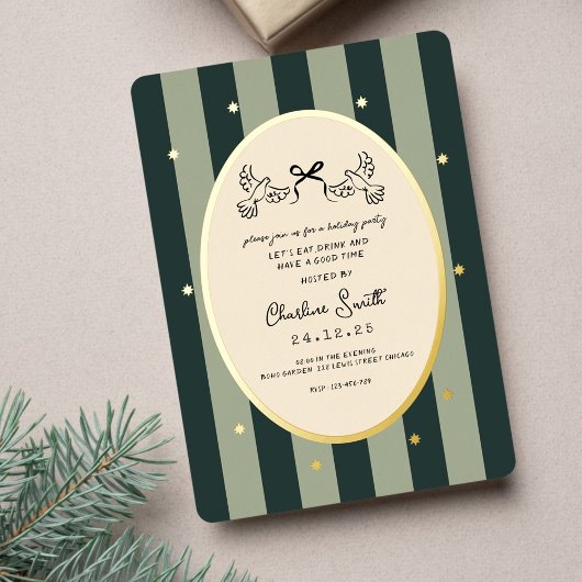 Elegant Green Striped Holiday Party Invitation 箔招待状