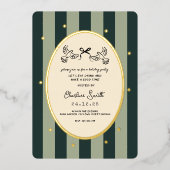 Elegant Green Striped Holiday Party Invitation 箔招待状 (正面)