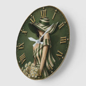 Elegant Green Striped Lady with Wide Brim Hat ラージ壁時計 (傾斜)