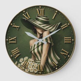 Elegant Green Striped Lady with Wide Brim Hat ラージ壁時計