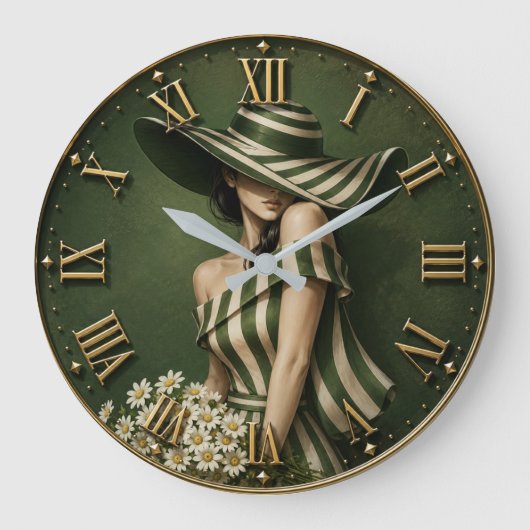 Elegant Green Striped Lady with Wide Brim Hat ラージ壁時計 (正面)