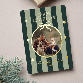Elegant Green Striped Ornament Photo Holiday Card 箔シーズンカード