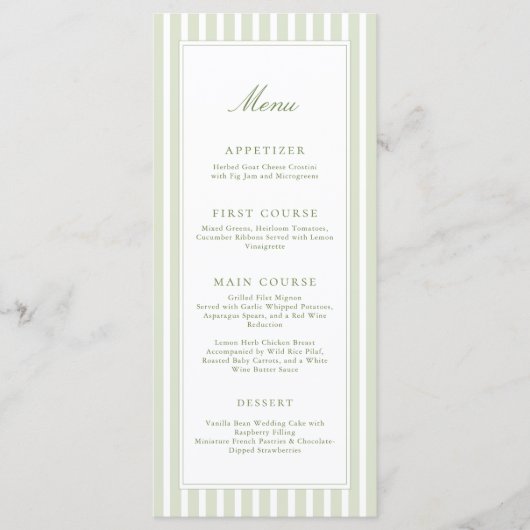 Elegant Green Stripes Wedding Menu メニュー (正面)