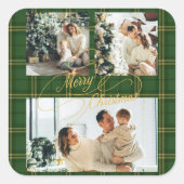 Elegant Green Tartan Family Photo Christmas  スクエアシール (正面)