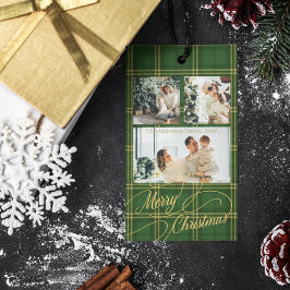 Elegant Green Tartan Family Photo Christmas Card ギフトタグ