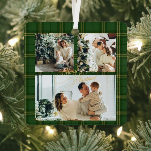 Elegant Green Tartan Family Photo Christmas Card メタルオーナメント (インサイチュ)