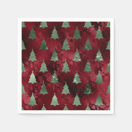 Elegant Green Trees Red Faux Foil Christmas スタンダードカクテルナプキン (正面)