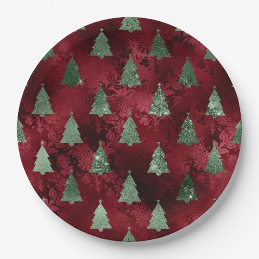 Elegant Green Trees Red Faux Foil Christmas  ペーパープレート (正面)