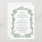 Elegant Green Victorian Floral All in One Wedding 招待状 (正面/裏面)