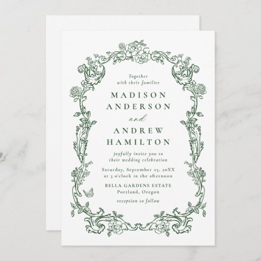 Elegant Green Victorian Floral Frame Wedding 招待状 (正面/裏面)