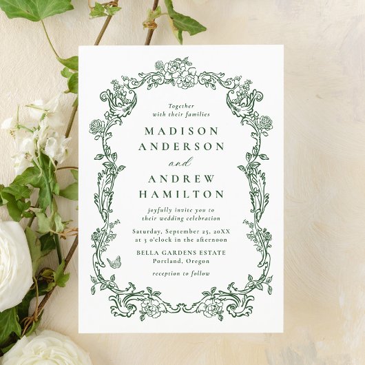Elegant Green Victorian Floral Frame Wedding 招待状