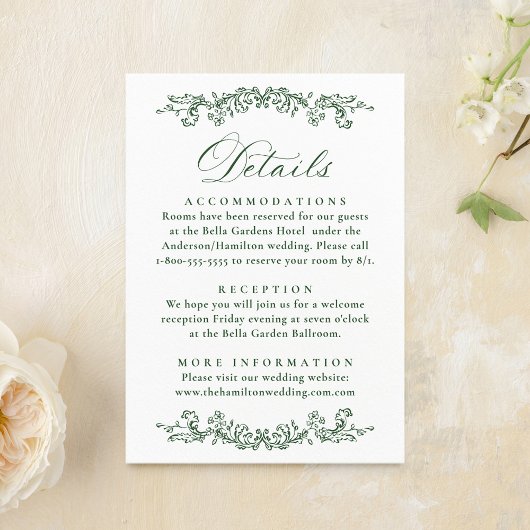 Elegant Green Victorian Floral Wedding Details エンクロージャーカード
