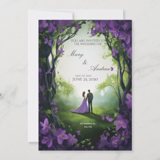 Elegant Green & Violet Wedding Invitation 招待状 (正面)