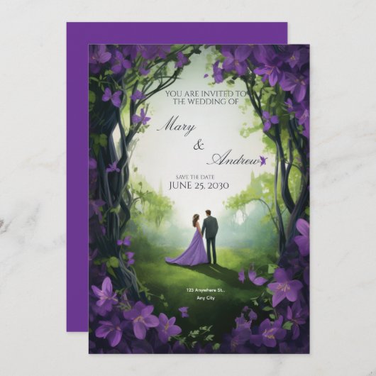 Elegant Green & Violet Wedding Invitation 招待状 (正面/裏面)