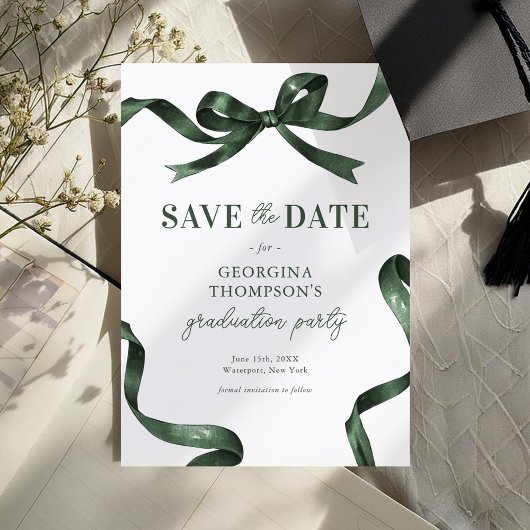 Elegant Green Watercolor Bow Graduation セーブザデート