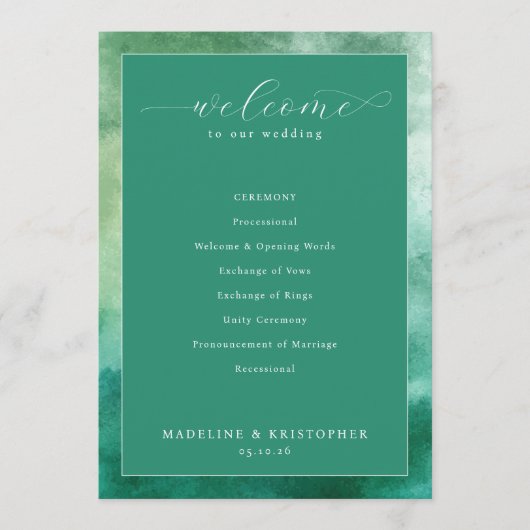 Elegant Green Watercolor Wedding Ceremony プログラム (正面)