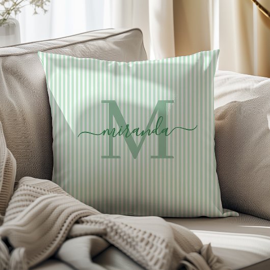 Elegant Green & White Stripes Monogram Name クッション