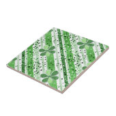 Elegant Green White Stripes Shamrock Glitter タイル (側面)