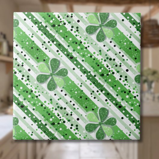 Elegant Green White Stripes Shamrock Glitter タイル