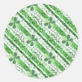 Elegant Green White Stripes Shamrock Glitter ラウンドシール (正面)