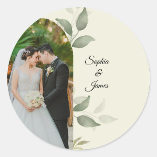 Elegant Greenery Arch Wedding Photo Round Sticker ラウンドシール
