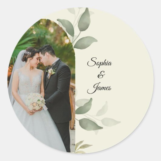 Elegant Greenery Arch Wedding Photo Round Sticker ラウンドシール (正面)