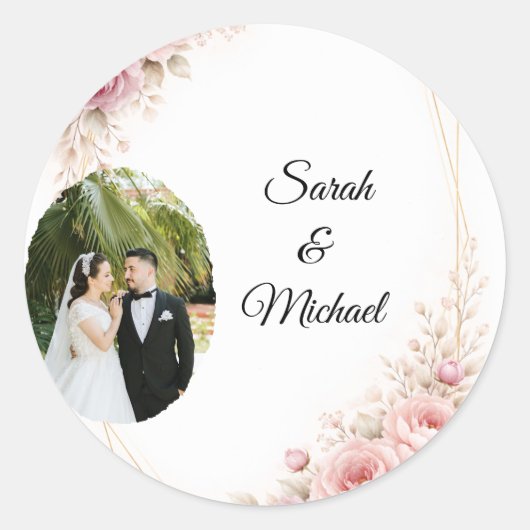 Elegant Greenery Arch Wedding Photo Round Sticker ラウンドシール (正面)