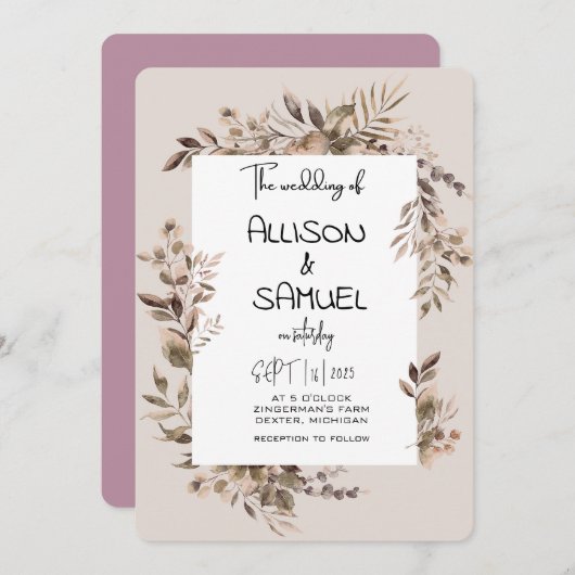 Elegant Greenery Border Wedding  招待状 (正面/裏面)