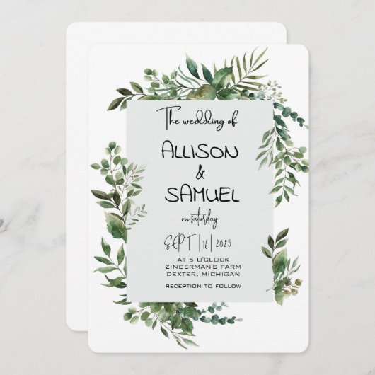 Elegant Greenery Border Wedding 招待状 (正面/裏面)