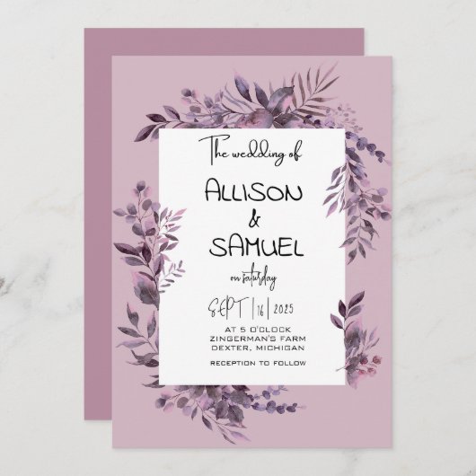 Elegant Greenery Border Wedding  招待状 (正面/裏面)