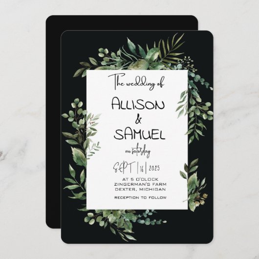 Elegant Greenery Border Wedding  招待状 (正面/裏面)